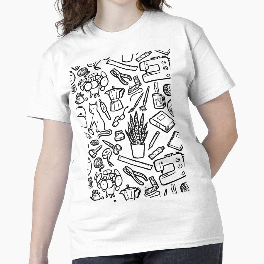 Sewing and Crafting Tools Pattern Hobbyist Oversized T-Shirt White