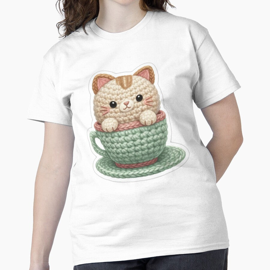 Cozy Teacup Crochet Cat Shirt Oversized Kawaii Yarn Lover Tee White
