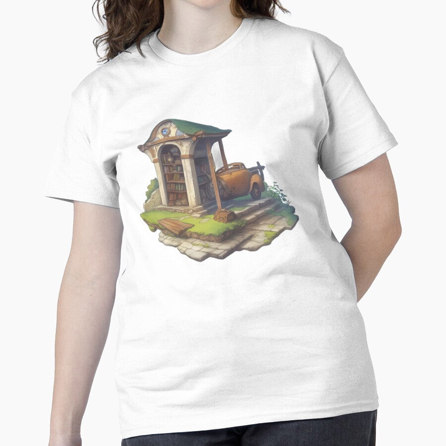 Whimsical Book Nook Car Tee Aesthetic Sticker Style Oversized Shirt White