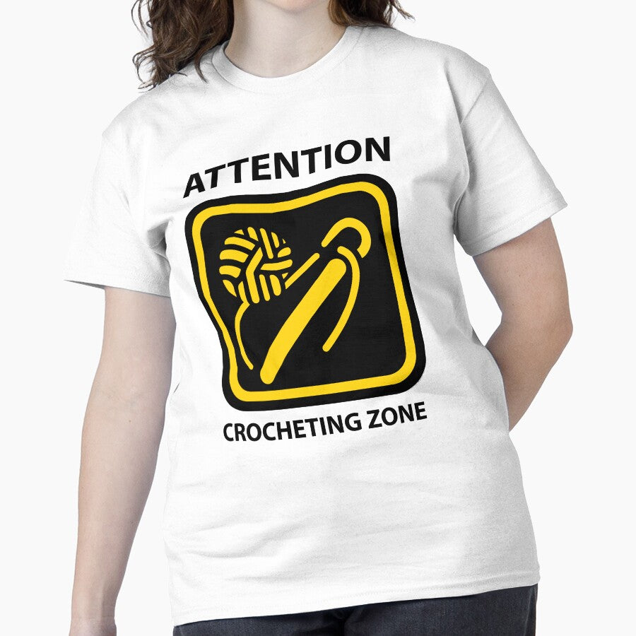 Caution Crocheting Zone Sign Shirt Funny Oversized Workshop Tee White