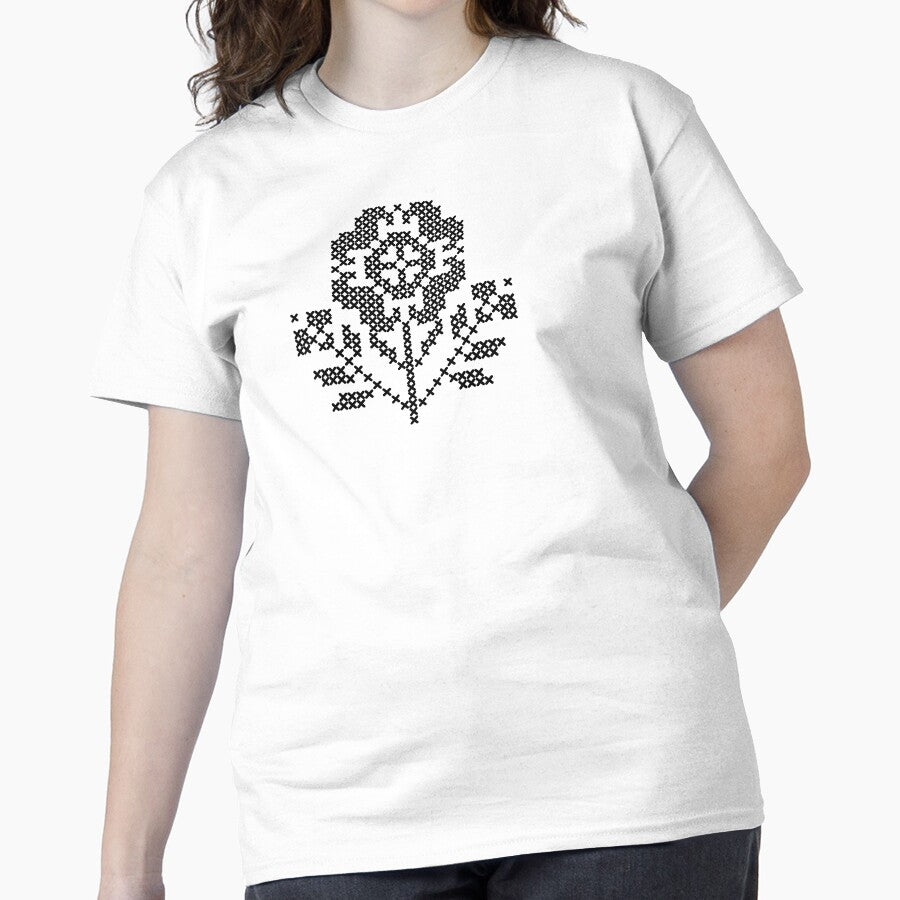 National Cross Stitch Flower Pattern Oversized T-Shirt White