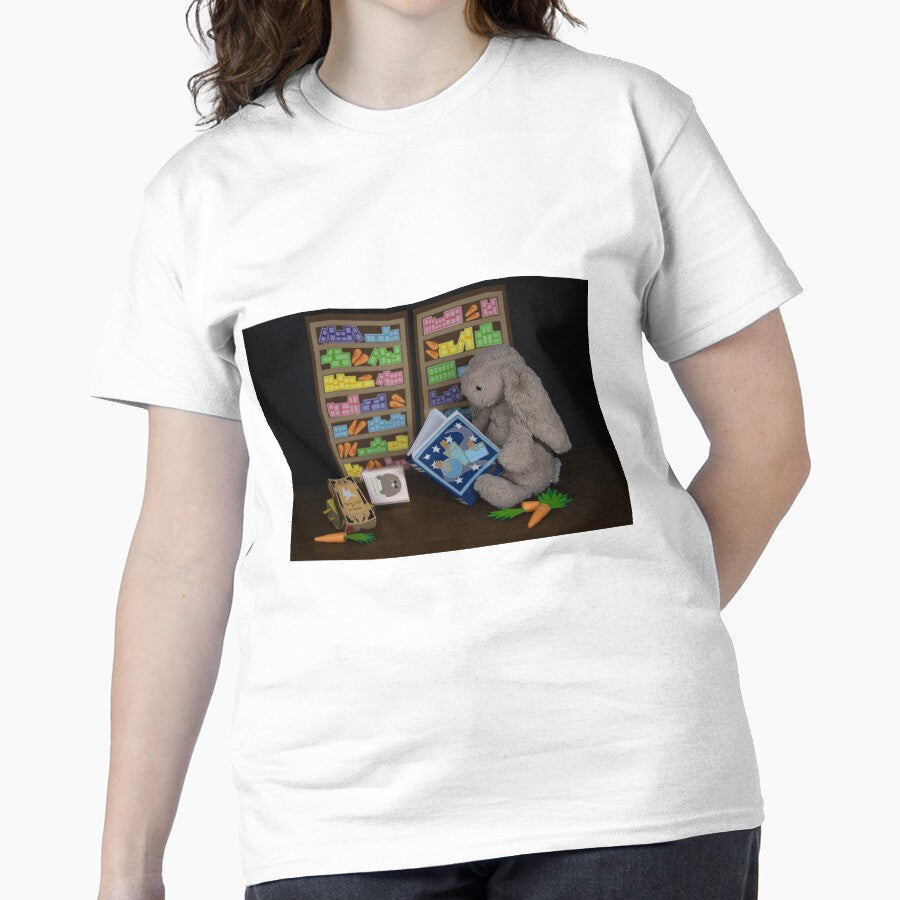 Bunny Library Miniature Tee Cute Animal Reading Oversized Shirt White