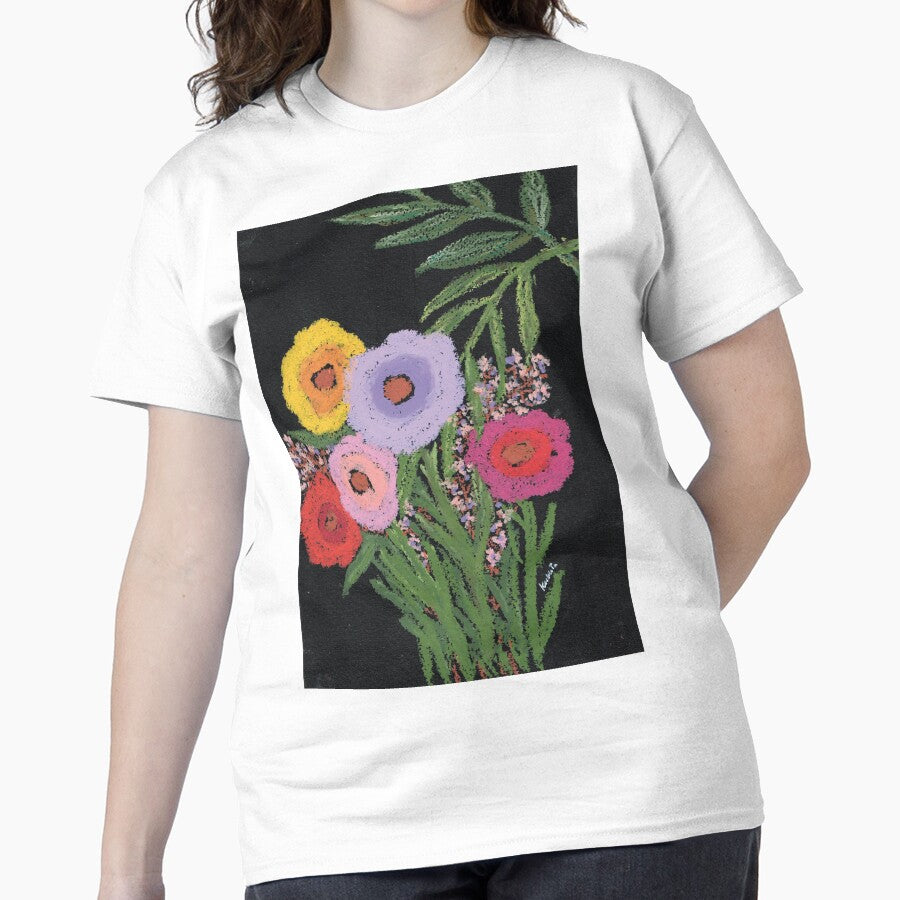 Vivid Flowers on Black Background Graphic Oversized Tee White