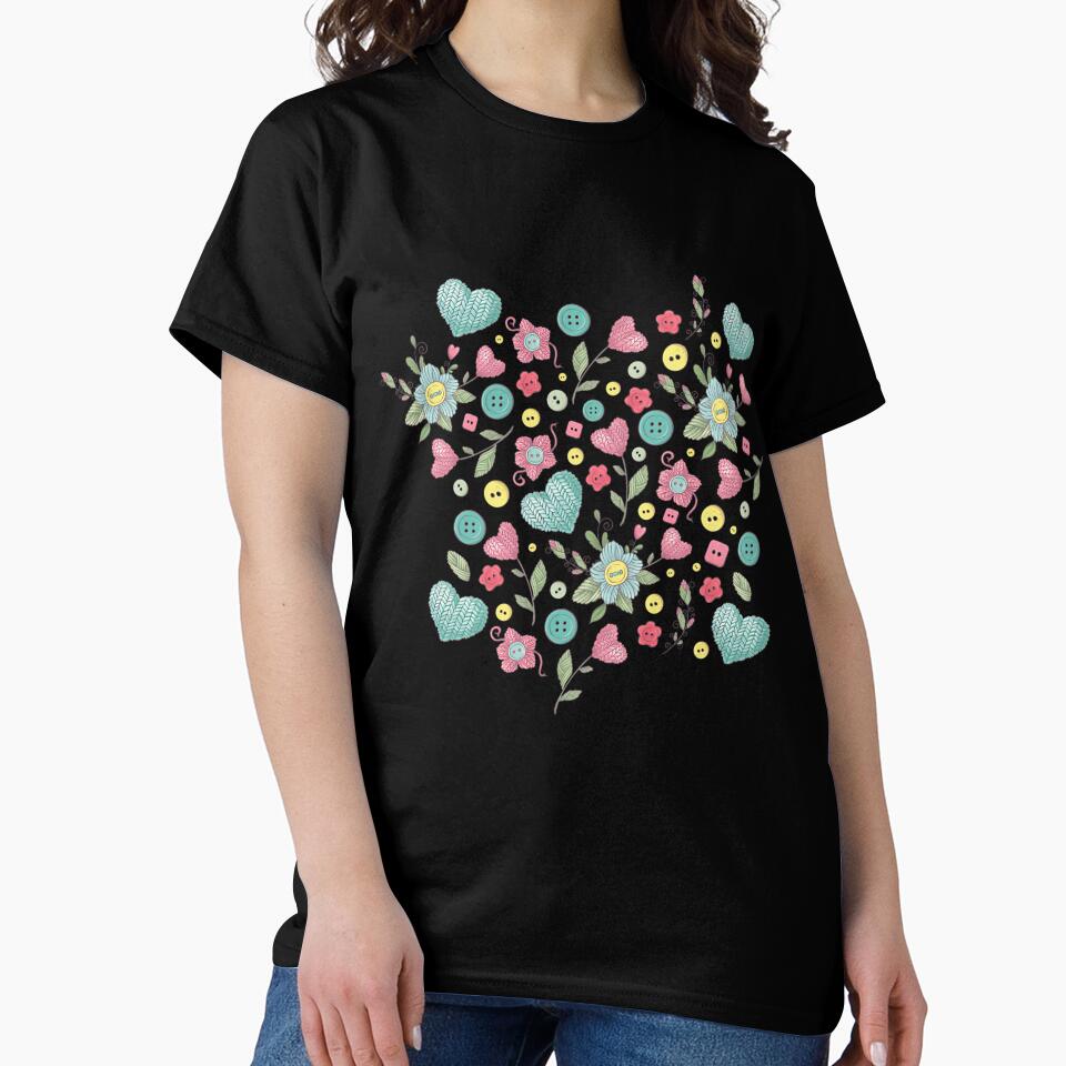 Wool Style Flower and Hearts Graphic Oversized Tee Black