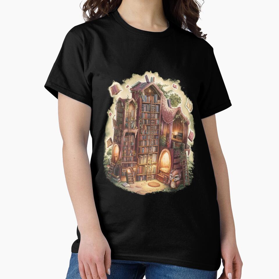 Whimsical Fantasy Library Shirt Dreamy Oversized Bookish Top Black