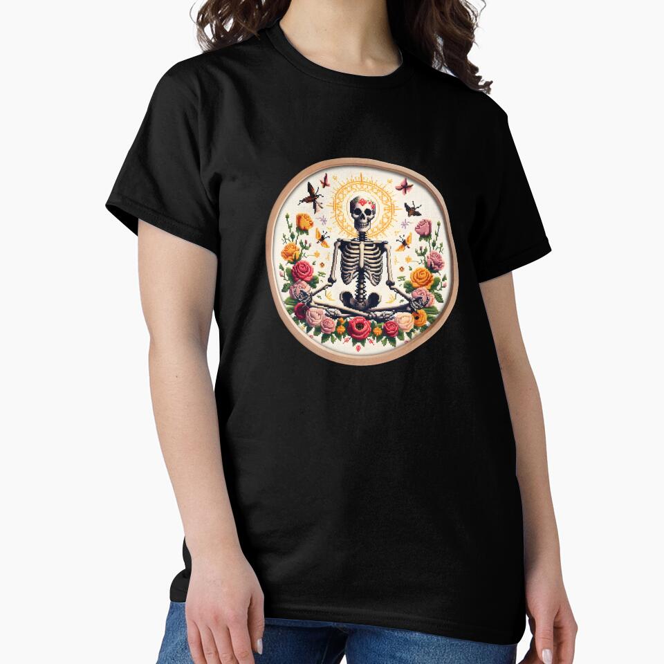 Namaste Skeleton Cross Stitch Funny Boho Oversized Tee Black