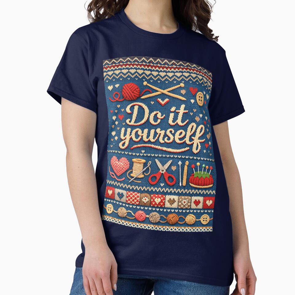 DIY Sewing & Knitting Tee - Oversized Crafting Pattern Shirt Navy