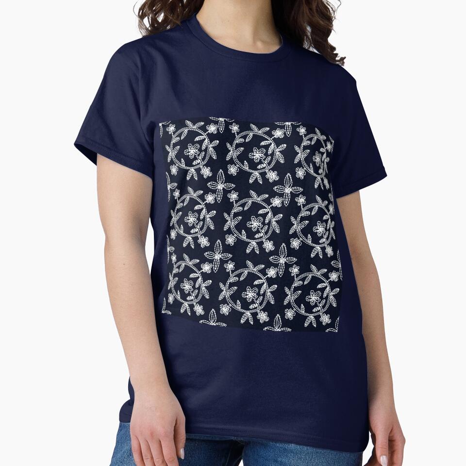 Folk Art White on Indigo Embroidery Style Oversized Tee Navy