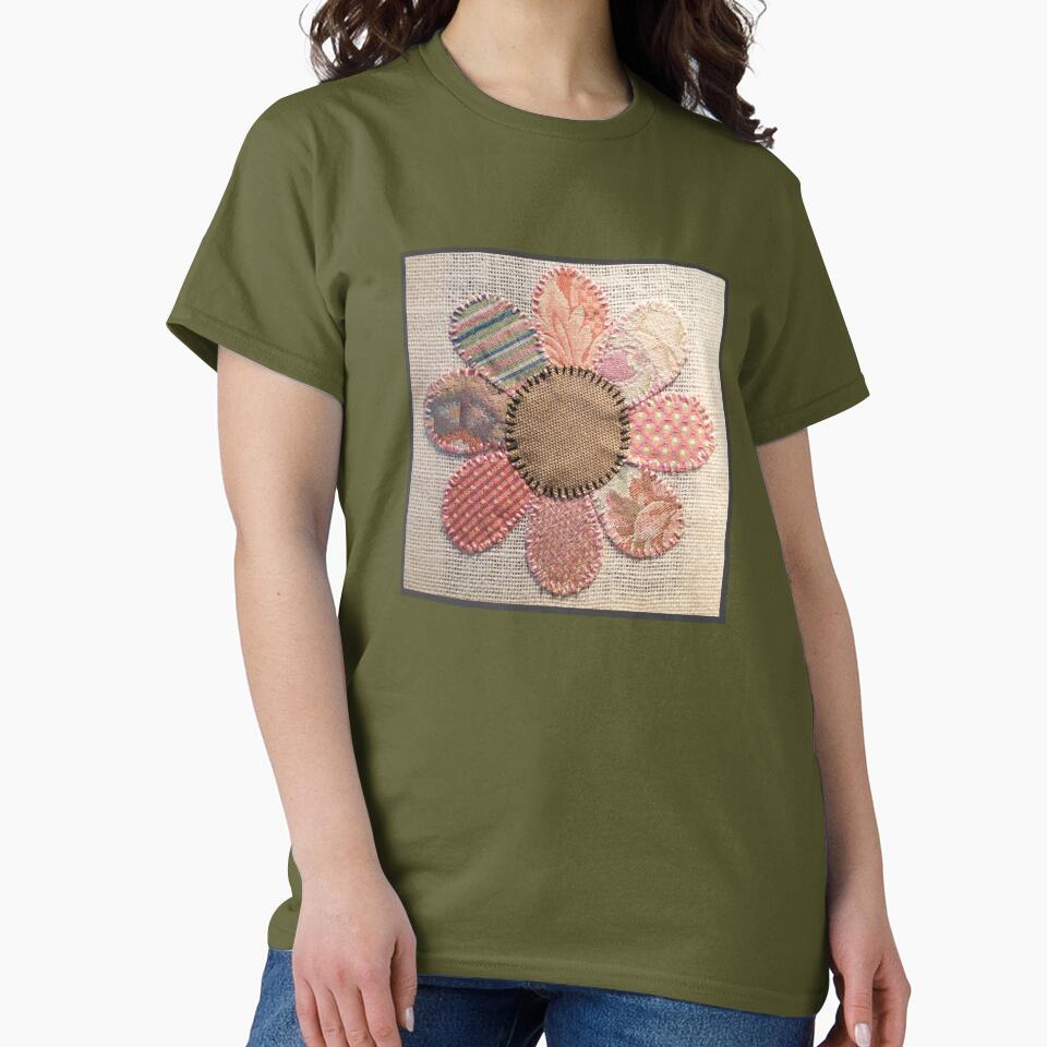 Pink Flower Embroidery Excerpt Artistic Oversized Graphic Tee Fatigue Green