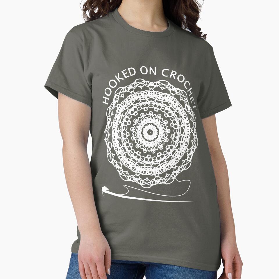 Hooked On Crochet Graphic Tee Fun Colorful Oversized Hobby Top Smoke Grey