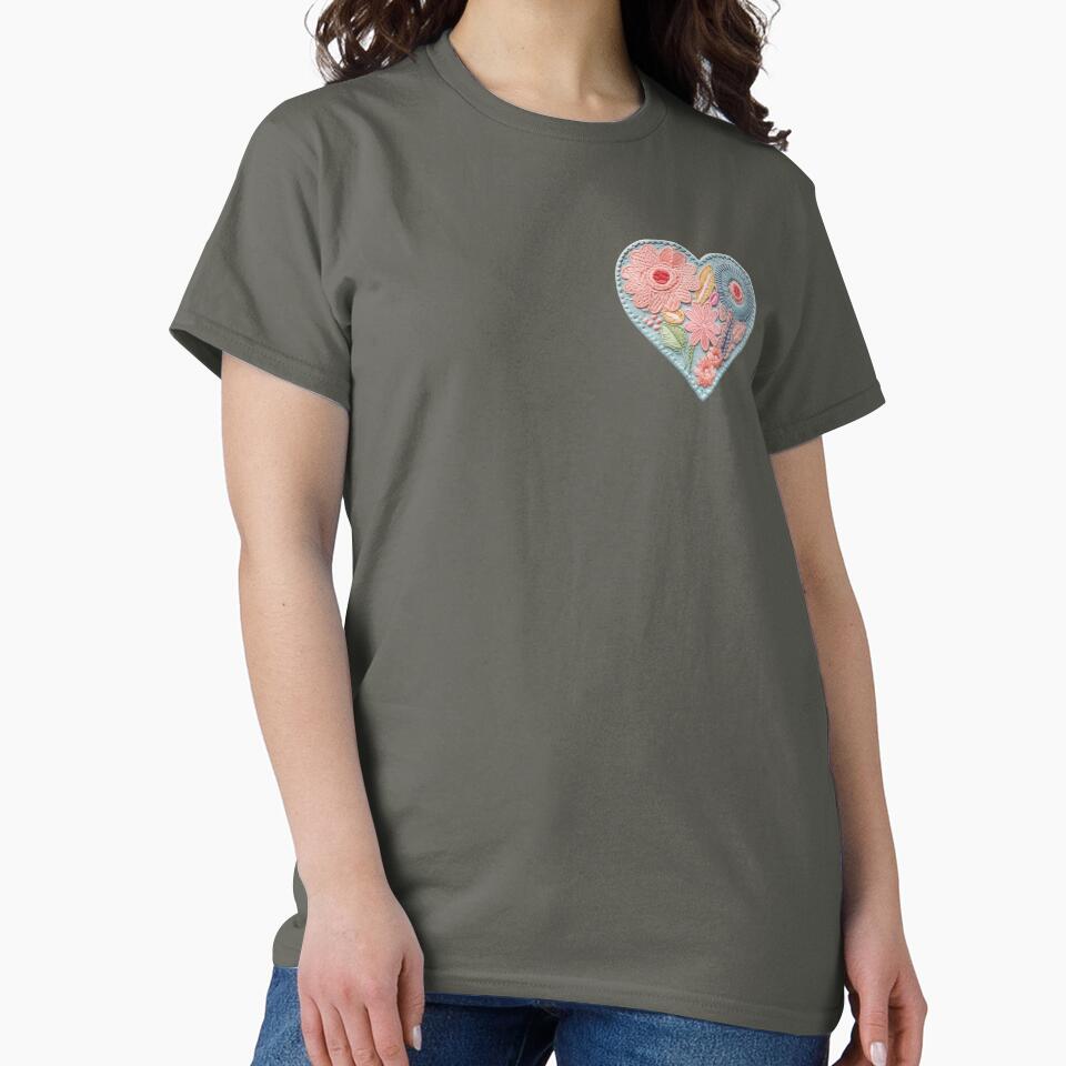 Pastel Heart Embroidery Patch Style Oversized Fashion Tee Smoke Grey