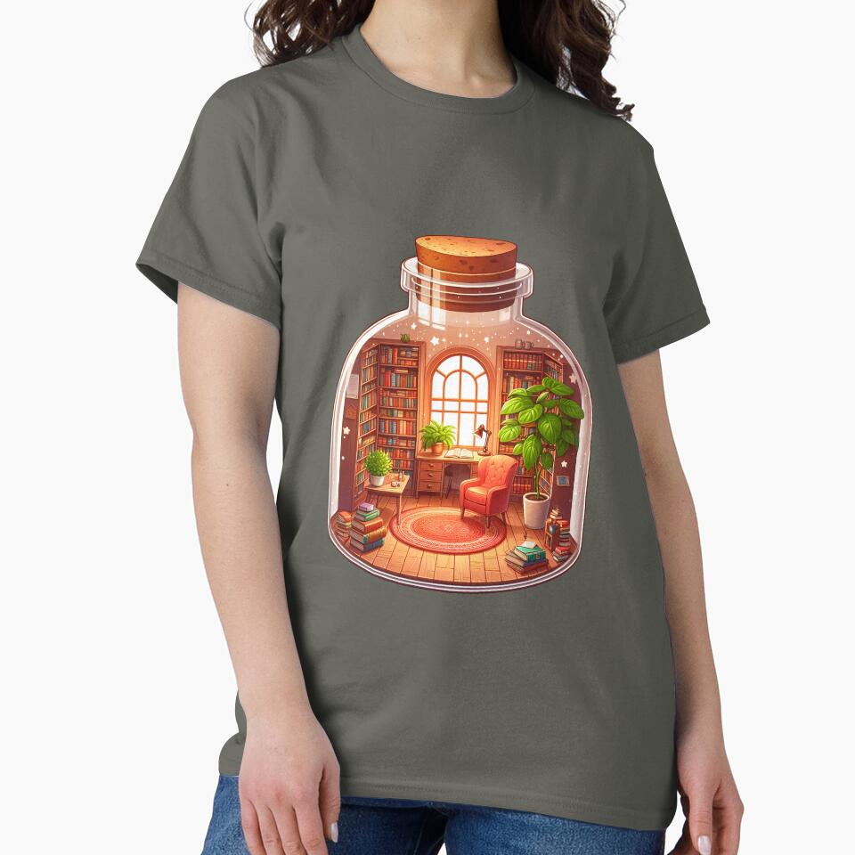 Tiny Library In A Bottle Shirt Whimsical Oversized Bookish Tee Smoke Grey
