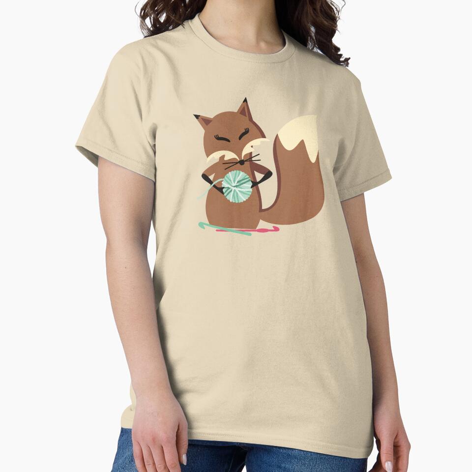 Cute Fox Crochet Hook Design Oversized T-Shirt Fluffy Yarn Tee Sand
