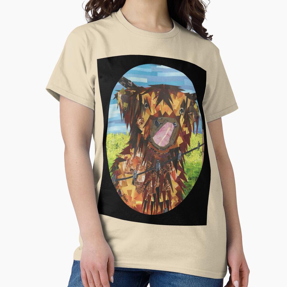 Hungry Highland Cow Oversized T-Shirt Cute Animal Illustration Tee Sand