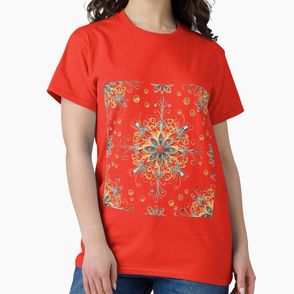 Dark Cross Stitch Floral T-Shirt | Elegant Embroidery Style Apparel Poppy Red