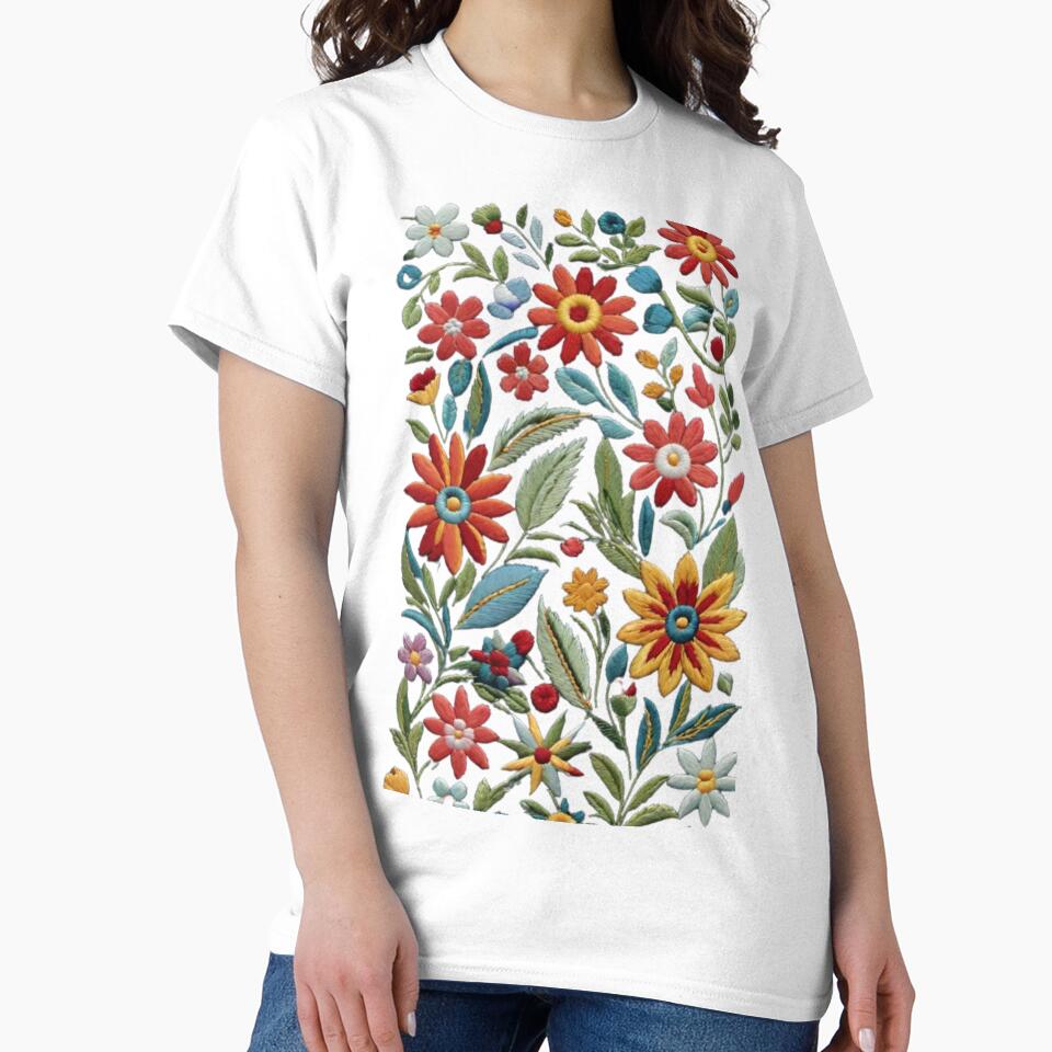 Vintage Floral Embroidery Pattern Stylish Oversized Comfort Tee White