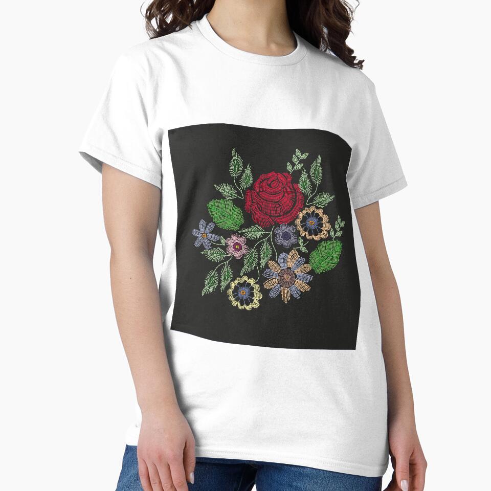 Imitation Embroidery Flower Bouquet Stylish Oversized Tee White