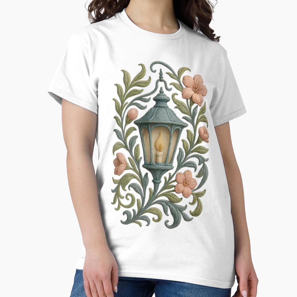 Vintage Lantern Floral Thread Art Graphic Oversized Tee White