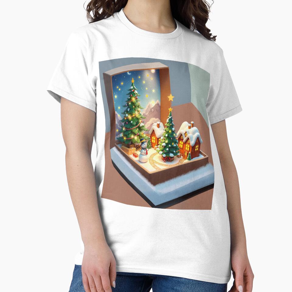 Winter Christmas Town Oversized T-Shirt Festive Miniature Design White