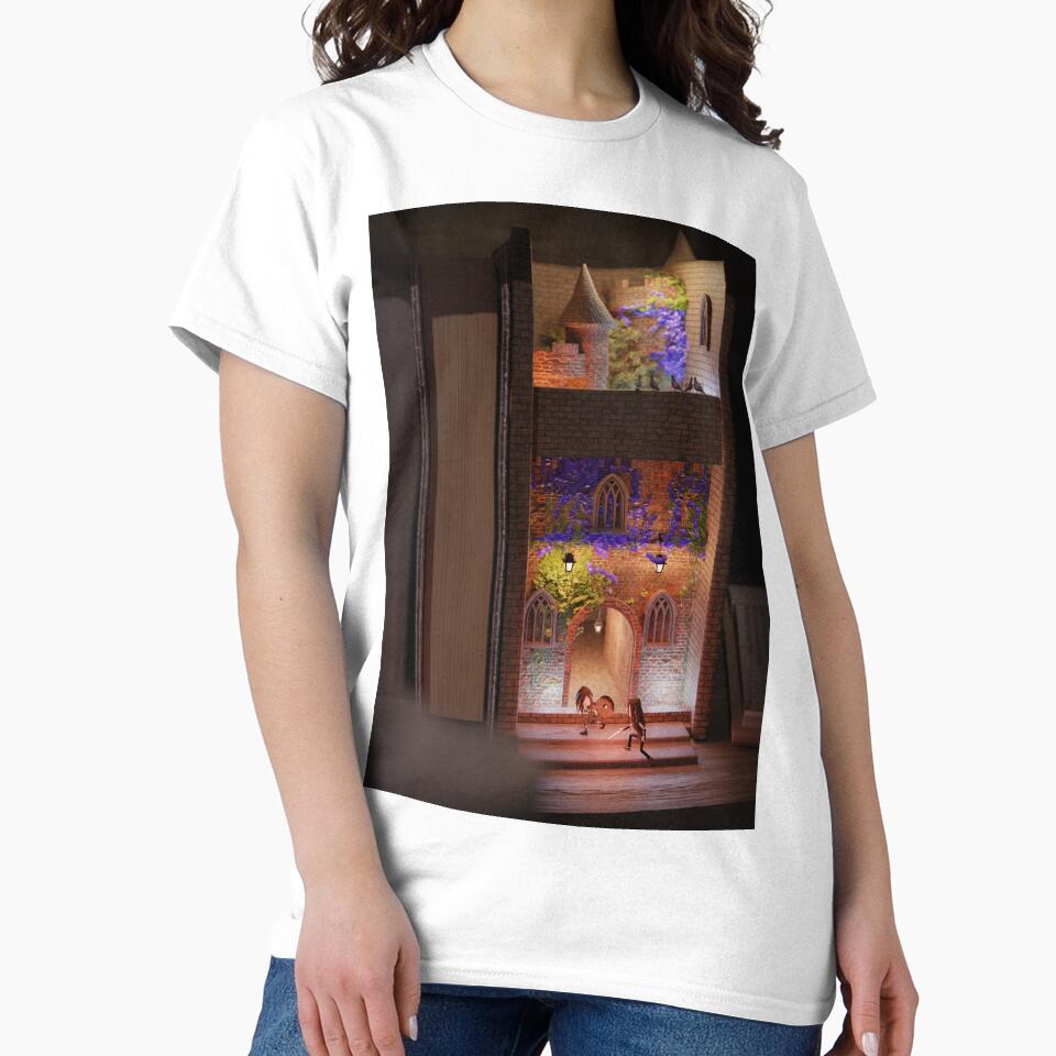 Sword Fight Bookshelf Tee Action Diorama Oversized Graphic Shirt White