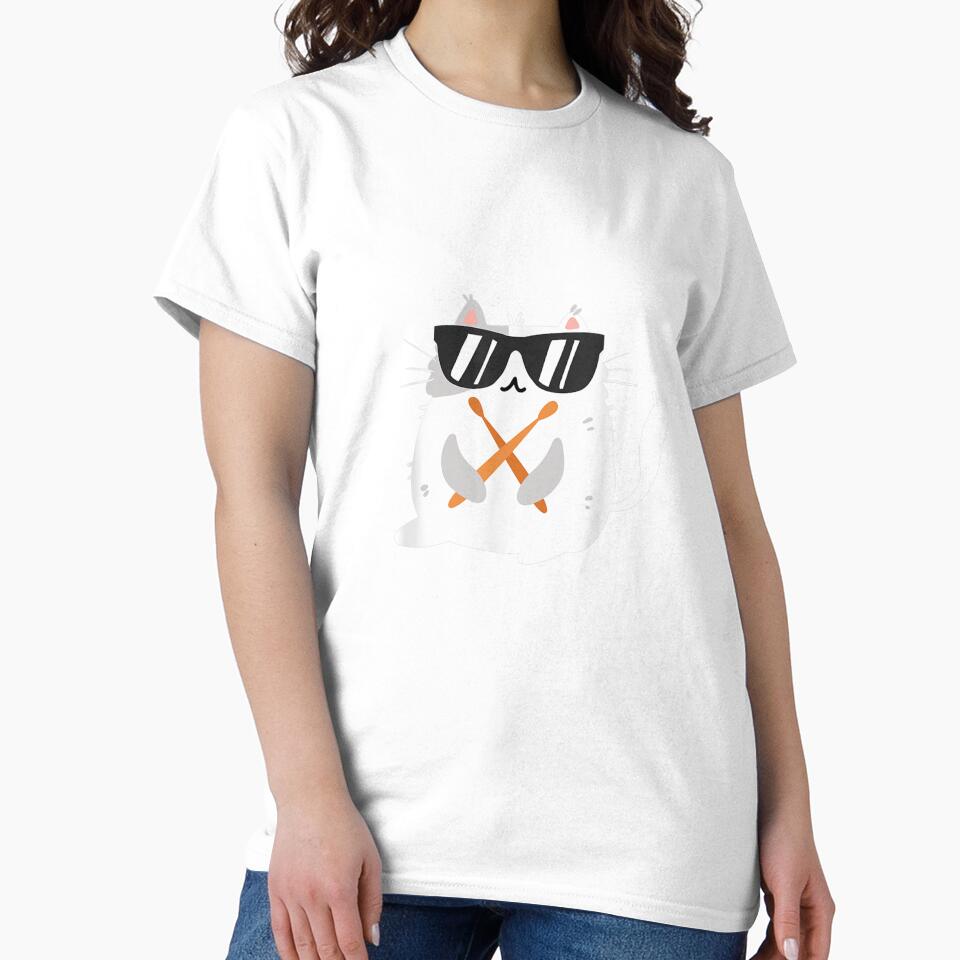 Cool Cat Sunglasses Playing Drums Musician Oversized T-Shirt White