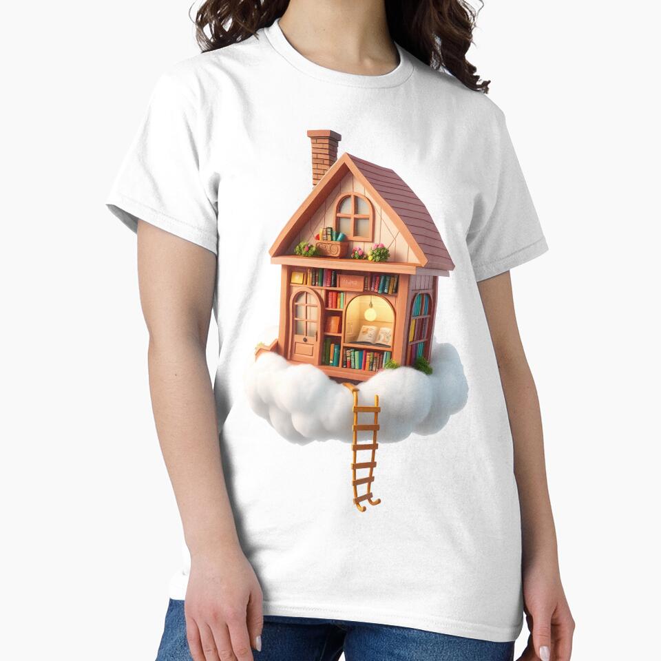 Cloud Book Cottage Shirt Whimsical Fantasy Art Oversized Tee White
