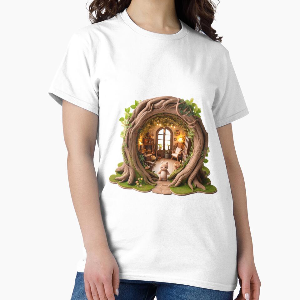 Stuffed Cat Portal Tee Enchanted Woodland Oversized Graphic Top White