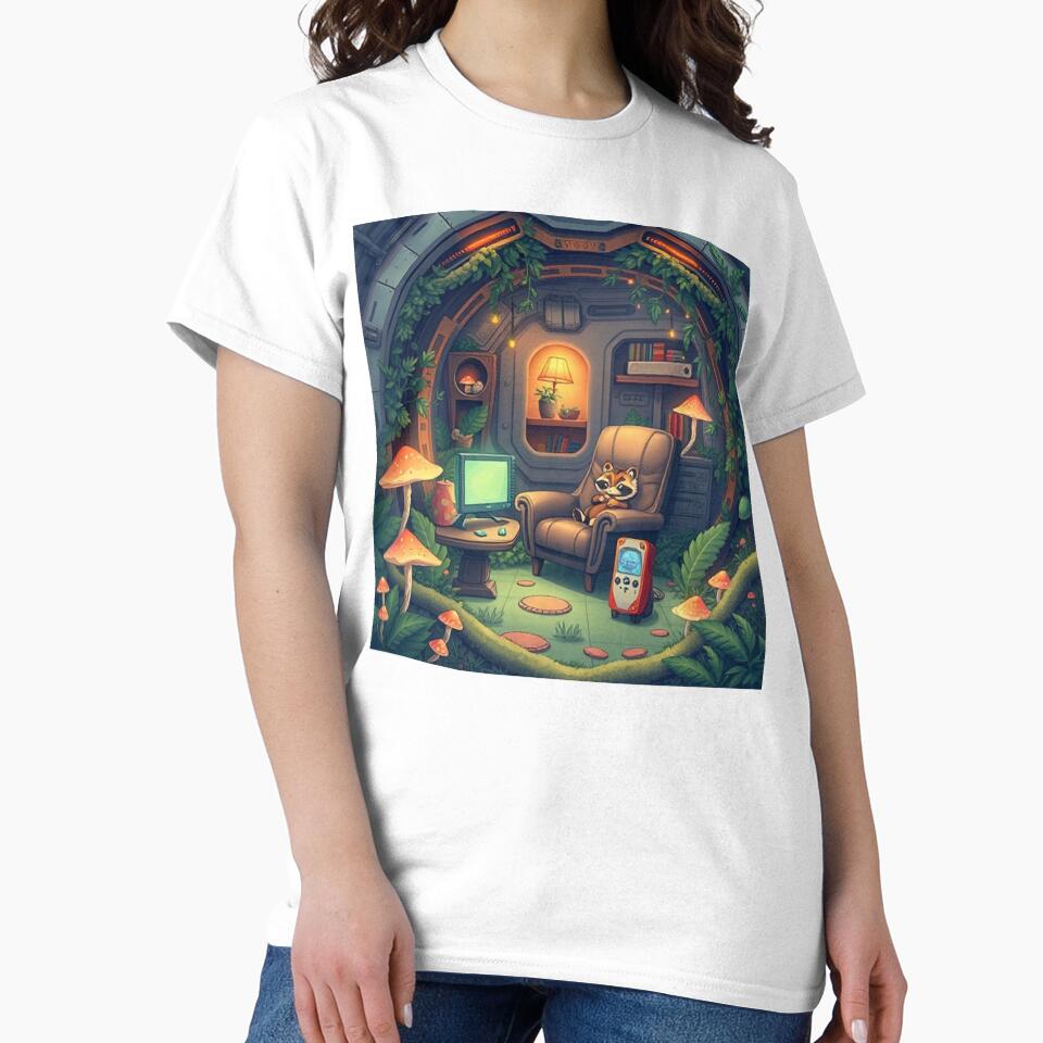 Tanuki Watching TV Tee Cute Japanese Folklore Oversized Shirt White