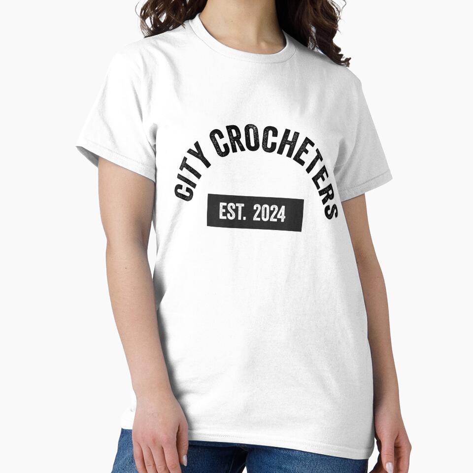 City Crocheters Black Text Oversized Shirt Modern Minimalist Top White