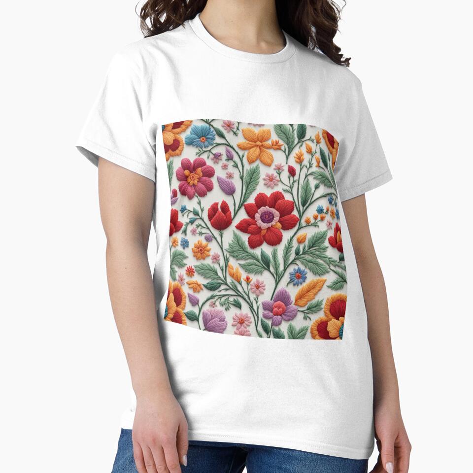 Seamless Floral Embroidery Pattern Edition 6 Oversized Tee White