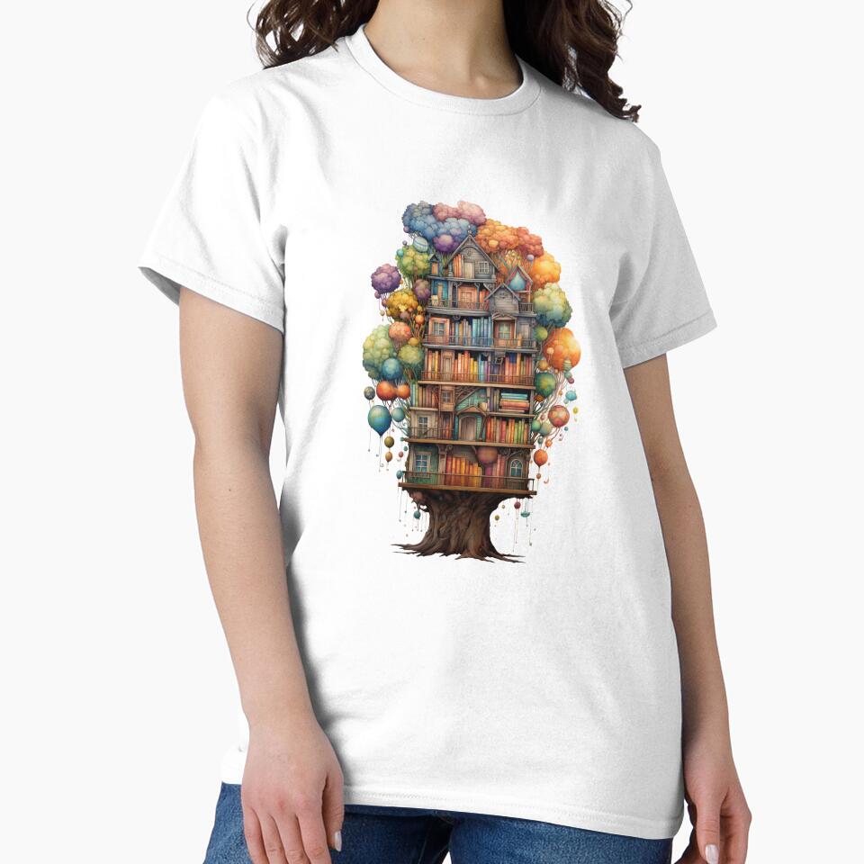 Enchanted Treehouse Library Shirt Fantasy Oversized Bookish Tee White