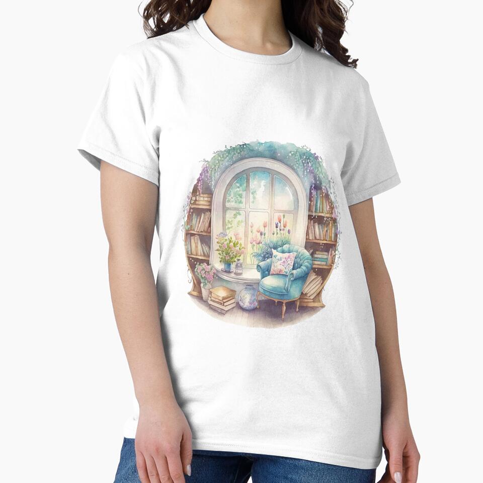 Watercolor Reading Corner Tee Cozy Aesthetic Oversized Shirt White